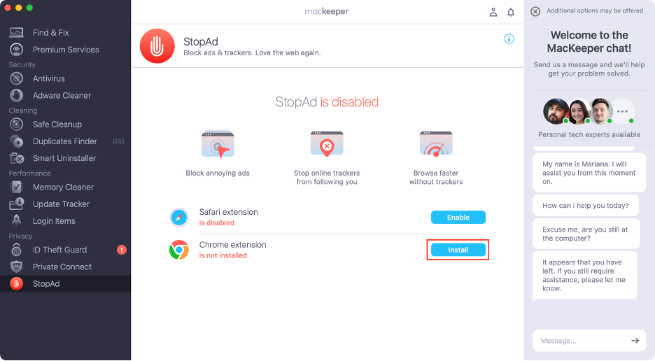 To stop intrusive ads on your Mac, click Install under StopAd to add the MacKeeper StopAd extension to your preferred browser.