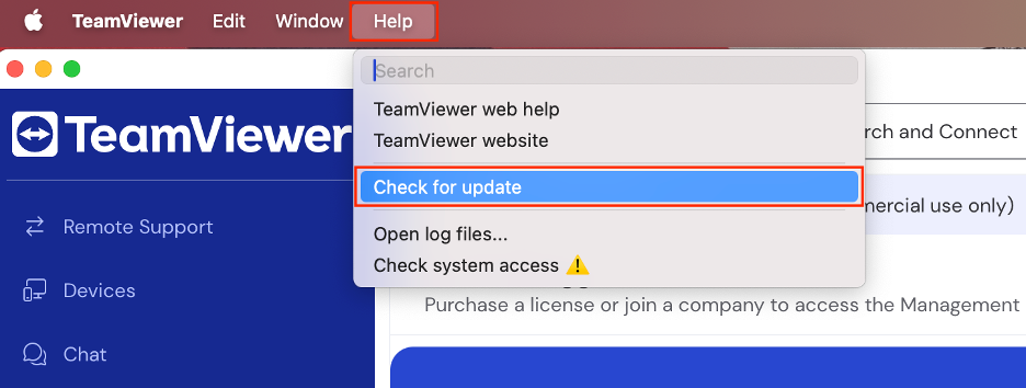 To keep TeamViewer up to date on Mac, click Help from the menu bar, then select Check for updates from the dropdown menu.