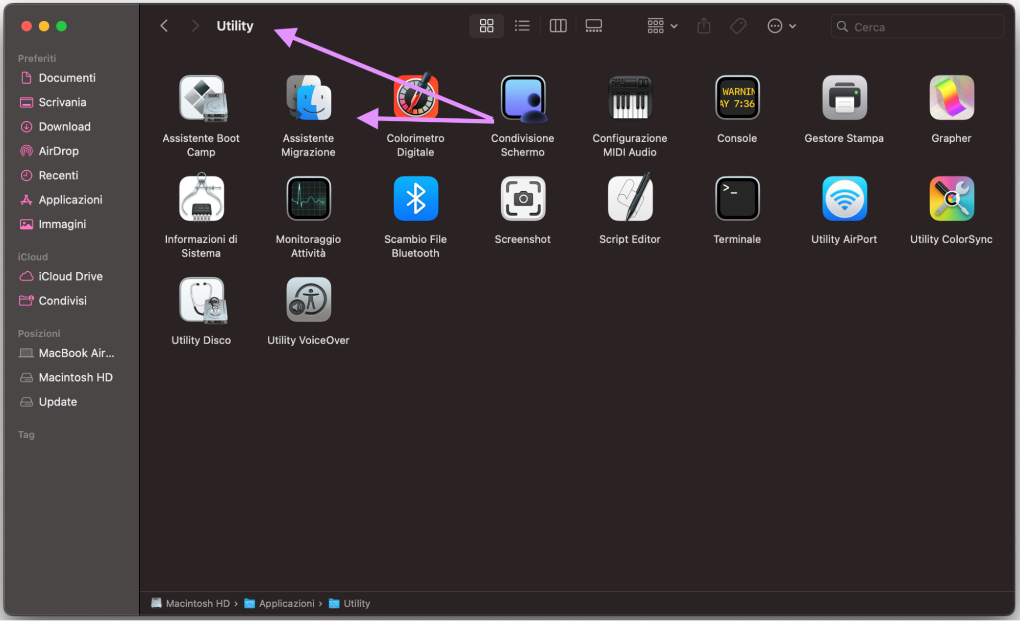 Per usare Assistente Migrazione e spostare i contenuti da un Mac all’altro, apri l’app sul nuovo Mac dalla cartella Altro in Launchpad.