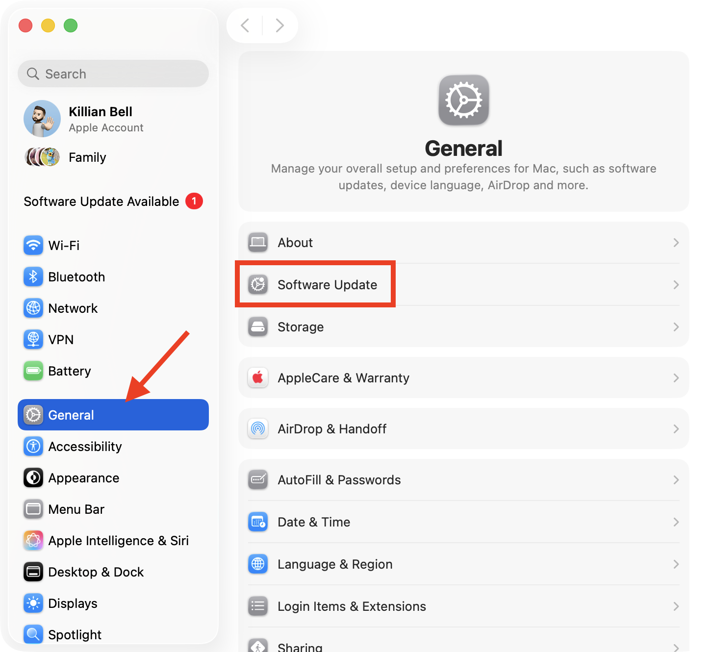 The Software Update option in System Settings on Mac. Try installing the latest macOS release and updating Mail when you see Exchange password required errors.