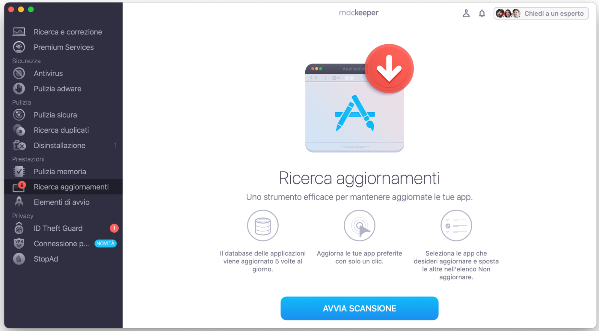Una volta scaricata e aperta l’app di MacKeeper, puoi selezionare la funzione Update Tracker dal menu laterale sinistro e poi cliccare su Ricerca Aggiornamenti.