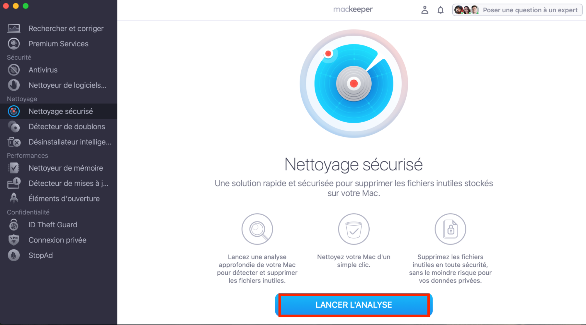 L'écran d'accueil du Nettoyage sécurisé de MacKeeper avec le bouton Lancer l'analyse mis en évidence en bas. Étape deux pour vider les caches Mail sur Mac : utiliser un nettoyeur Mac.