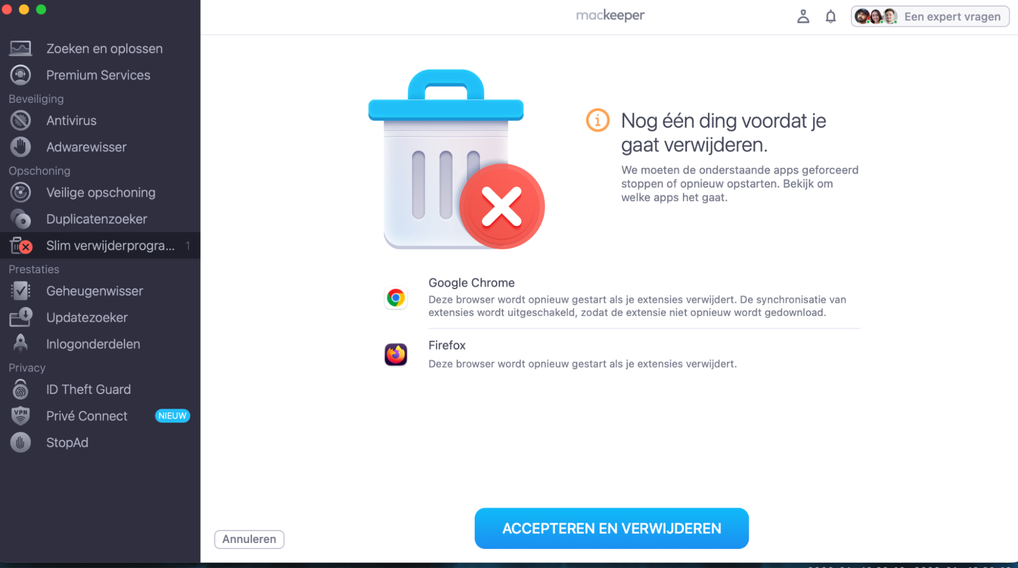 Controleer tot slot de resultaten en klik op Accepteer en verwijder om de problematische browserextensies van je Mac te verwijderen.