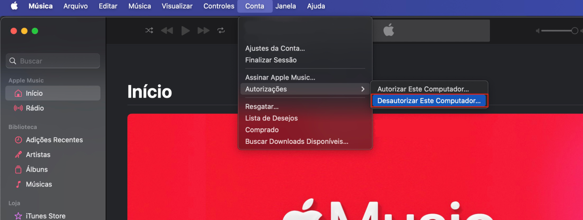 Abra Música/TV/Livros > Conta > Autorizações e selecione Desautorizar Este Computador para remover o acesso da sua Conta Apple do Mac com segurança.