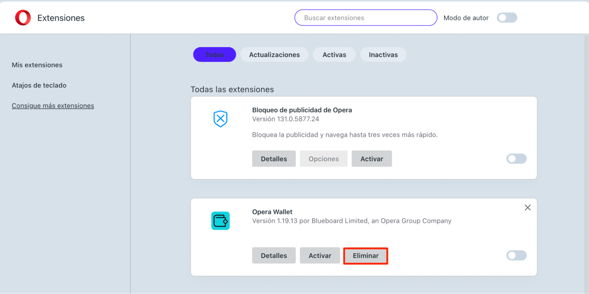 La pantalla de Extensiones de Opera, con Quitar resaltado debajo de una extensión. Cómo quitar extensiones, como parte de una guía sobre cómo eliminar las ventanas emergentes falsas de McAfee en Mac.