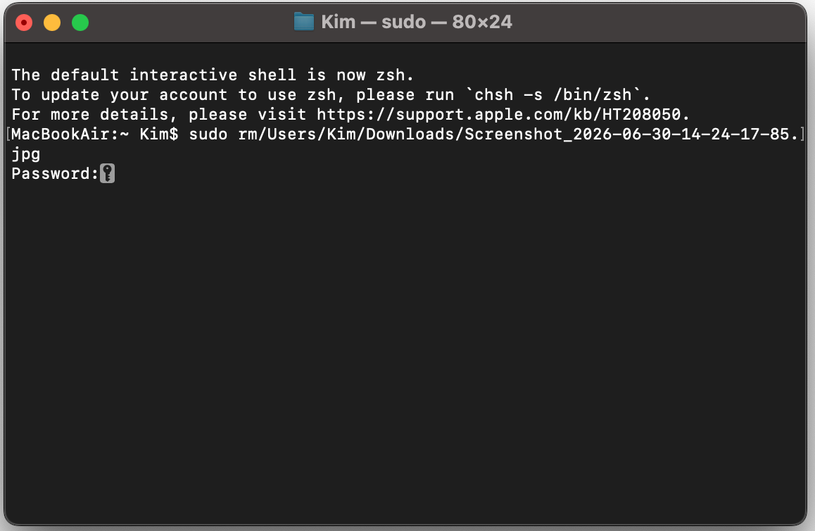 Inserisci la password del Mac nel Terminale quando richiesto, poi premi Invio per completare il comando