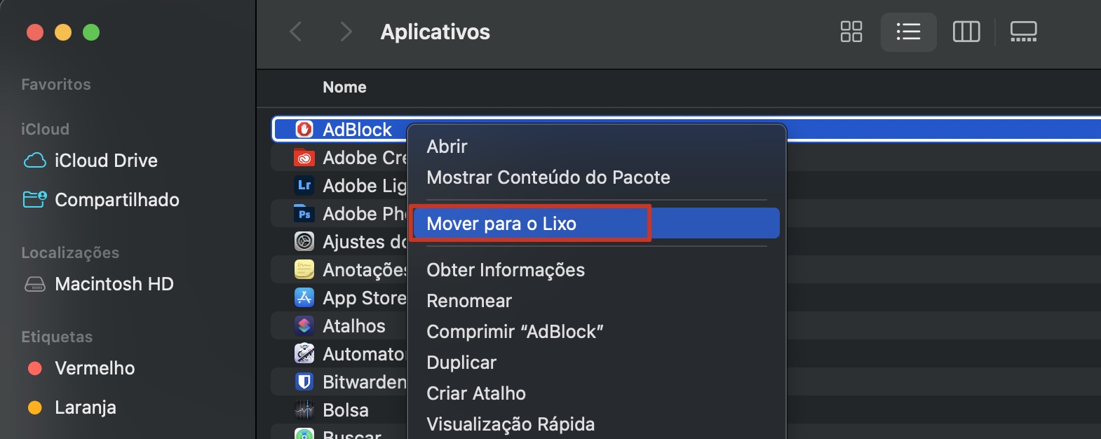 O Finder no Mac com uma extensão do Safari destacada. Clique com o botão direito nela e, em seguida, selecione Mover para o Lixo para excluí-la.
