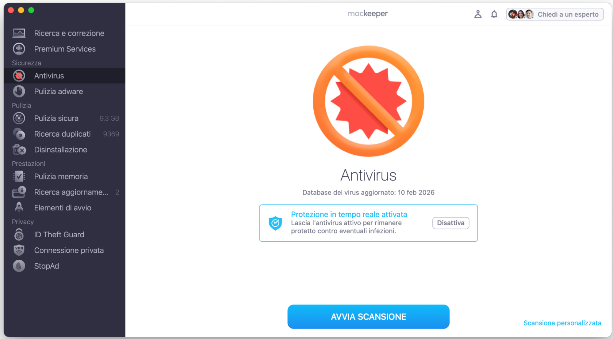 Per avviare la scansione antivirus, apri l’app MacKeeper sul Mac e vai alla sezione Antivirus nel menu laterale. Poi avvia la scansione.