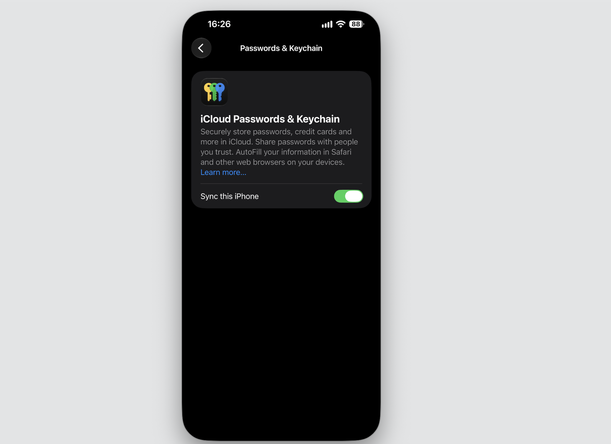 The iCloud Passwords settings on an iPhone, enabling Sync this Device so iCloud Keychain matches the logins saved on your Mac and iPad.