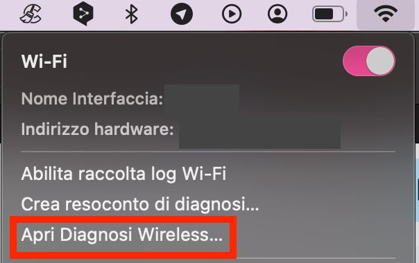 Per identificare la causa del problema Internet sul Mac, tieni premuto il tasto Option e clicca sull’icona Wi-Fi nella barra dei menu, poi seleziona Apri Diagnosi Wireless.