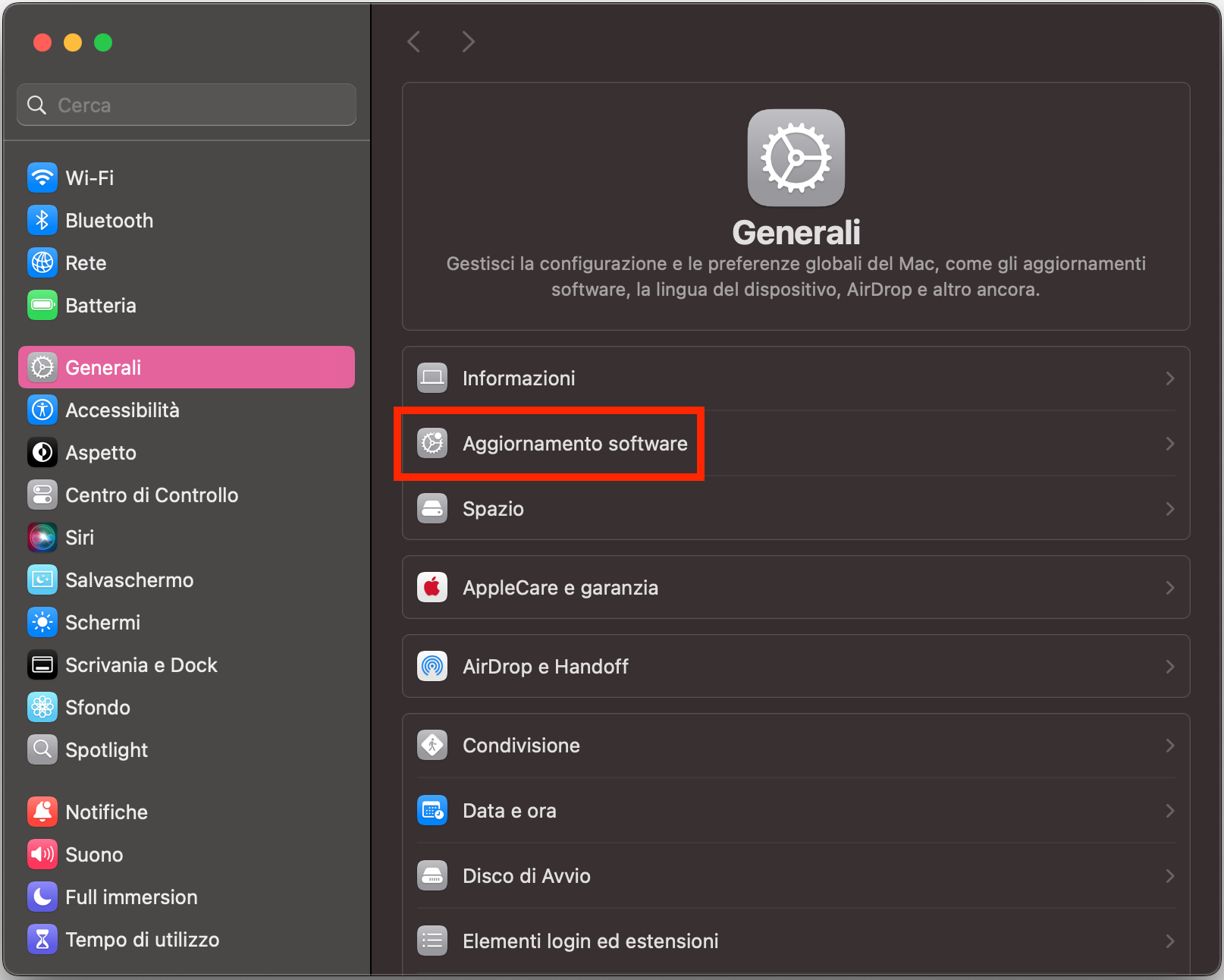 Per aggiornare Safari, clicca sul logo Apple nella barra in alto a sinistra. In Impostazioni di Sistema, clicca su Generali > Aggiornamento Software. Poi clicca su Aggiorna ora.