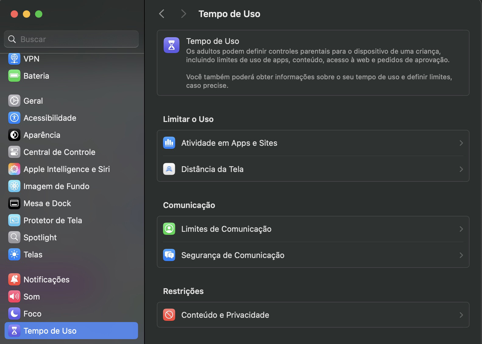 Para bloquear o Safari no Mac, primeiro você precisa abrir os Ajustes do Sistema e acessar o Tempo de Uso.