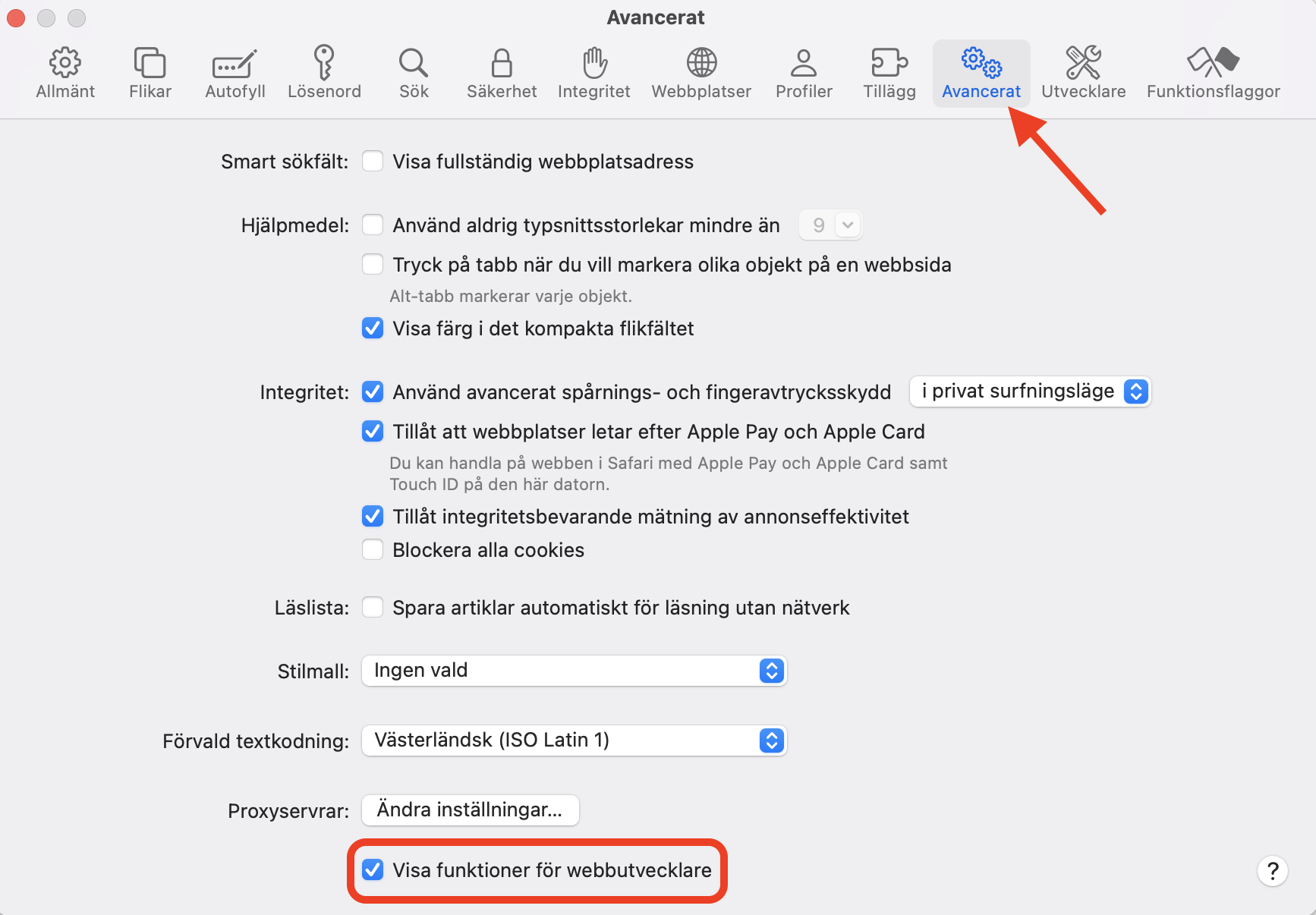 Aktivera Visa funktioner för webbutvecklare i menyn Avancerat inuti Safaris inställningar för att tömma cacheminnen och frigöra utrymme på din Mac.