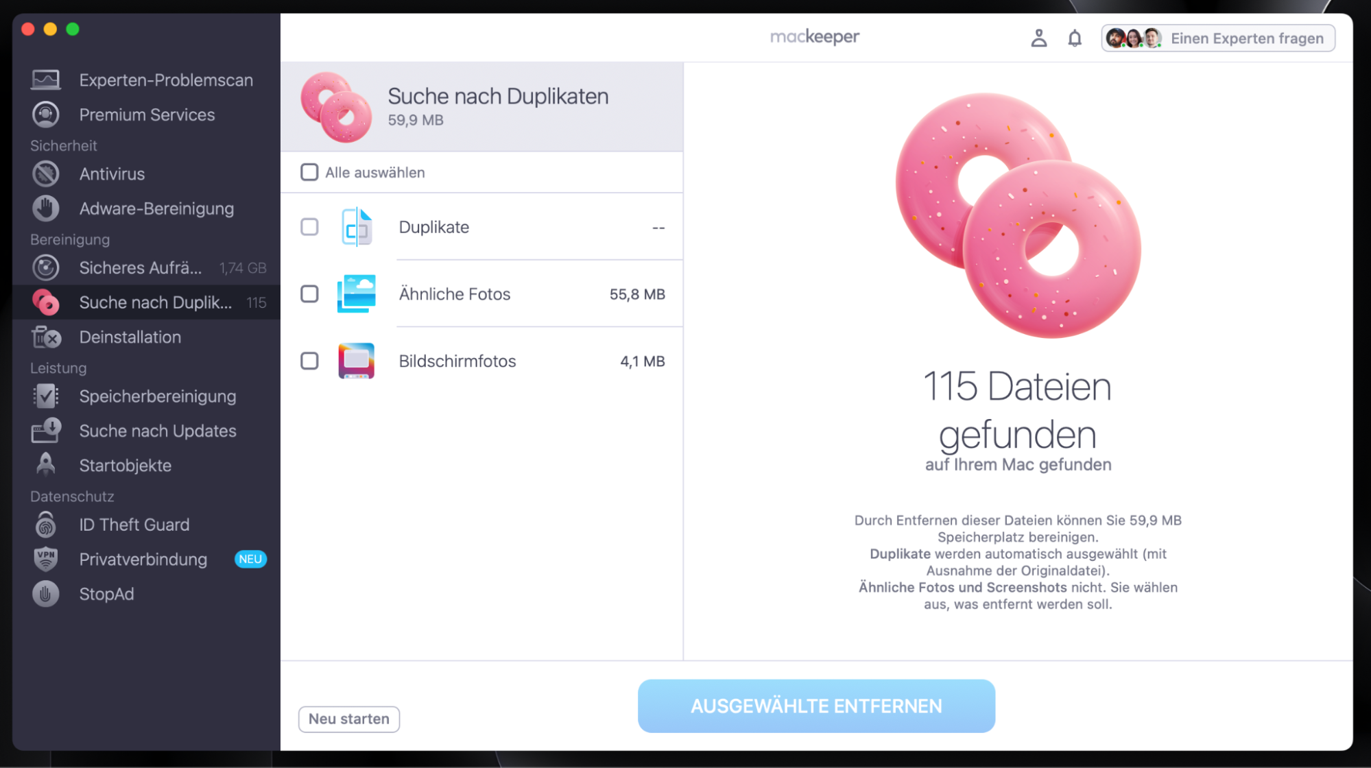 Wählen Sie die Kopien aus, die Sie von Ihrem Mac entfernen möchten, und klicken Sie auf Ausgewählte entfernen. Klicken Sie auf Entfernen, um zu bestätigen, falls Sie dazu aufgefordert werden.