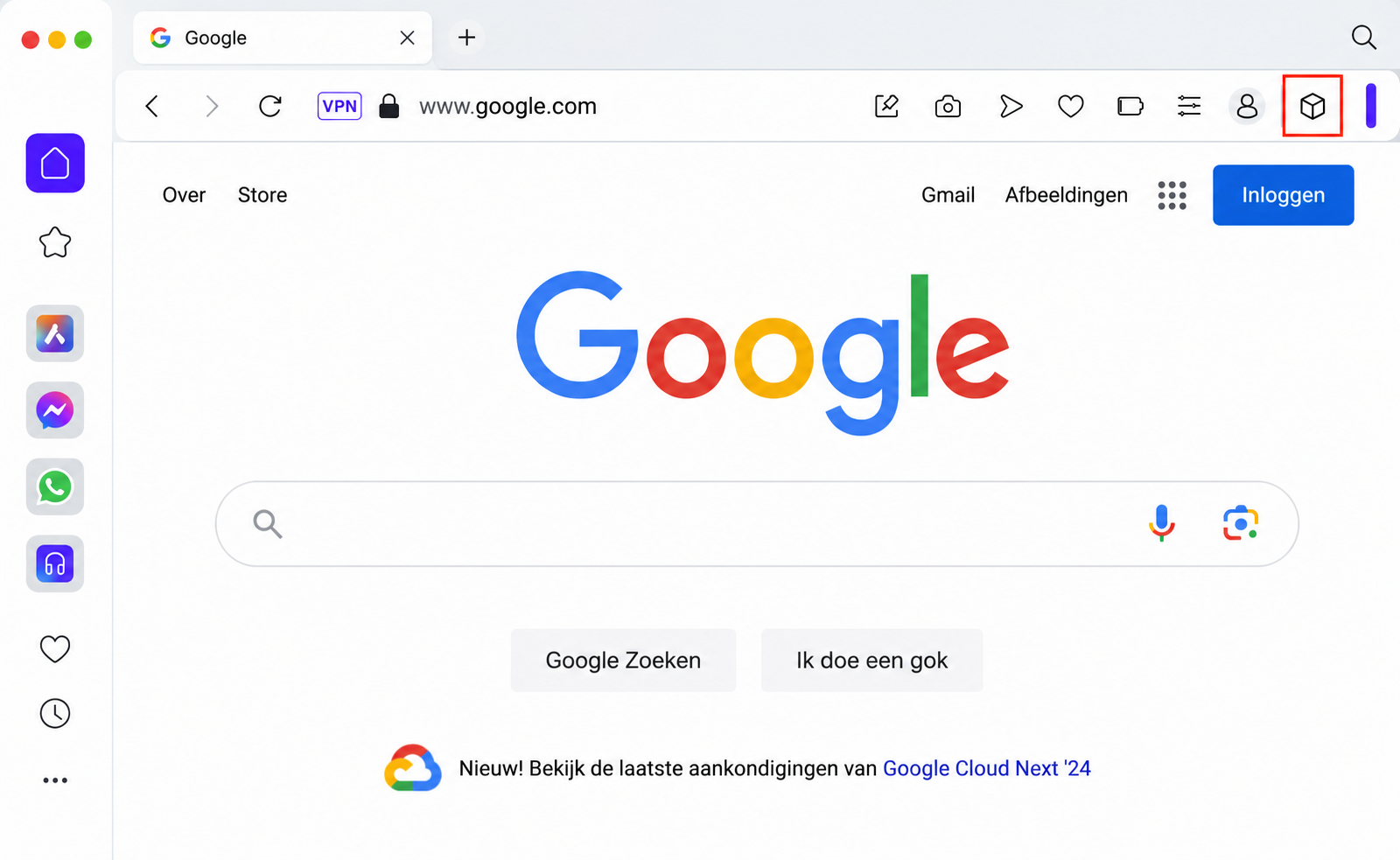 Opera voor Mac met de knop ‘Extensies’ (een kubus) gemarkeerd. Dit maakt deel uit van een handleiding over hoe je extensies verwijdert om valse McAfee pop-ups op een Mac te stoppen.