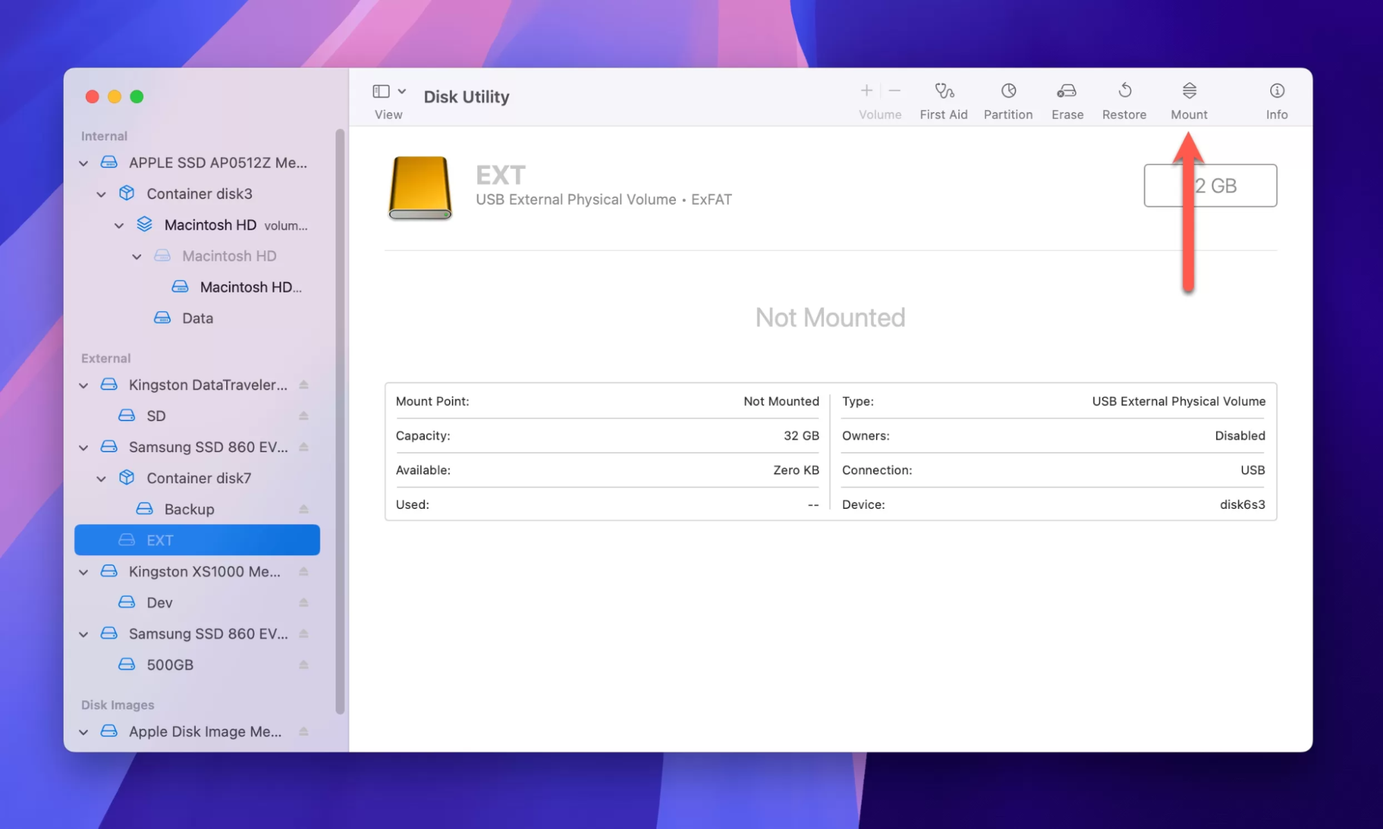 Disk Utility is opened on a Mac. Mount the drive manually to fix the error The disk you attached was not readable by this computer.