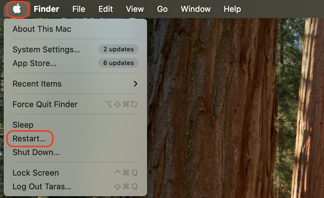On your MacBook, click the Apple menu in the top-left corner of the screen and select Restart from the dropdown to reboot your device.