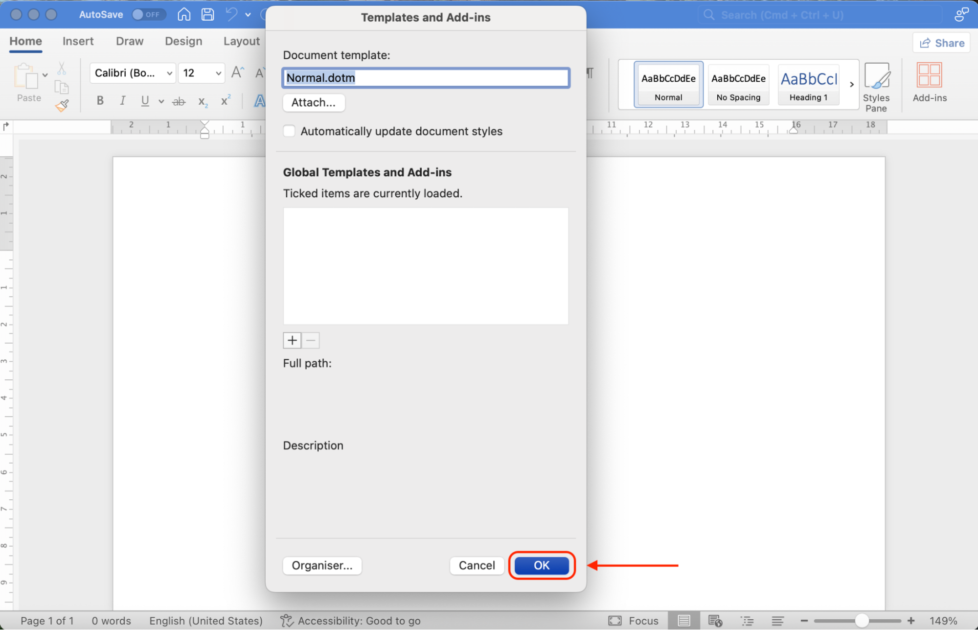 Uncheck all active add-ins in the dialog box and click OK to disable them, helping prevent potential conflicts or crashes in Word.