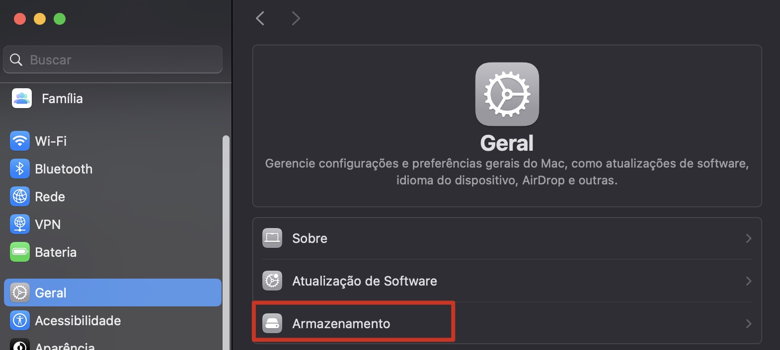O menu Geral dentro de Ajustes do Sistema no Mac. Selecione a opção Armazenamento para gerenciar seus dados e liberar espaço no Mac.