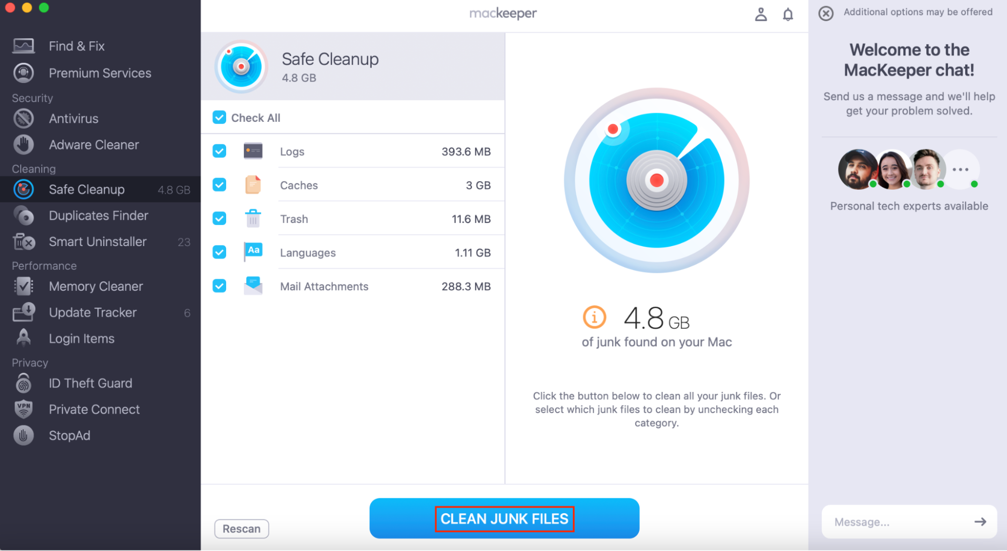 MacKeeper’s Safe Cleanup, with Clean Junk Files highlighted. How to fix accountsd wants to use the login keychain.
