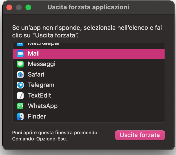 Se l’app Mail è completamente bloccata, potresti doverla forzare alla chiusura. Premi Option + Command + Escape sulla tastiera: si aprirà una finestra pop-up che ti permetterà di selezionare l’app da chiudere forzatamente.