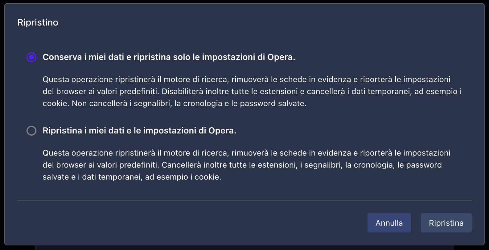Una finestra di dialogo in Opera su Mac, con due opzioni disponibili per reimpostare Opera. Come reimpostare Opera, un passaggio nella guida su come bloccare i falsi pop-up McAfee su Mac.