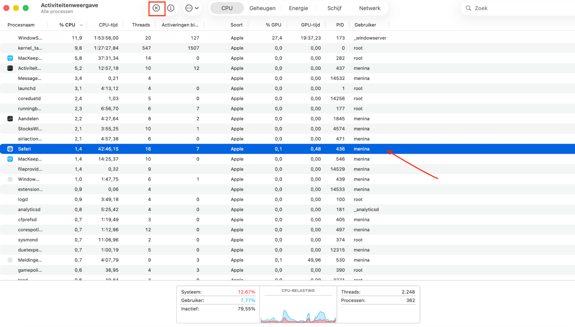 Een lijst met actieve processen in Activiteitenweergave op de Mac. Als je tijdens het controleren op malware iets verdachts ziet, selecteer het proces en klik op X om het te sluiten