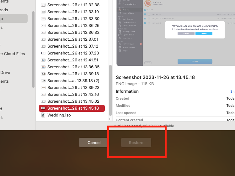 When you find a backup you want to restore, click the Restore button underneath the desired window in Time Machine.