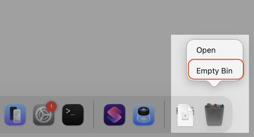 Right-click the Bin icon in your Mac Dock and select Empty Bin to permanently delete the Steam appcache folder