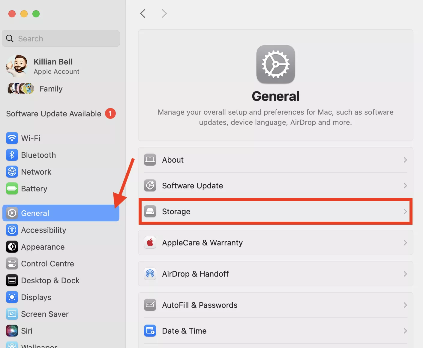 Navigate to General settings in Mac’s System Settings. Once there, click on the Storage option to make sure enough storage is available.