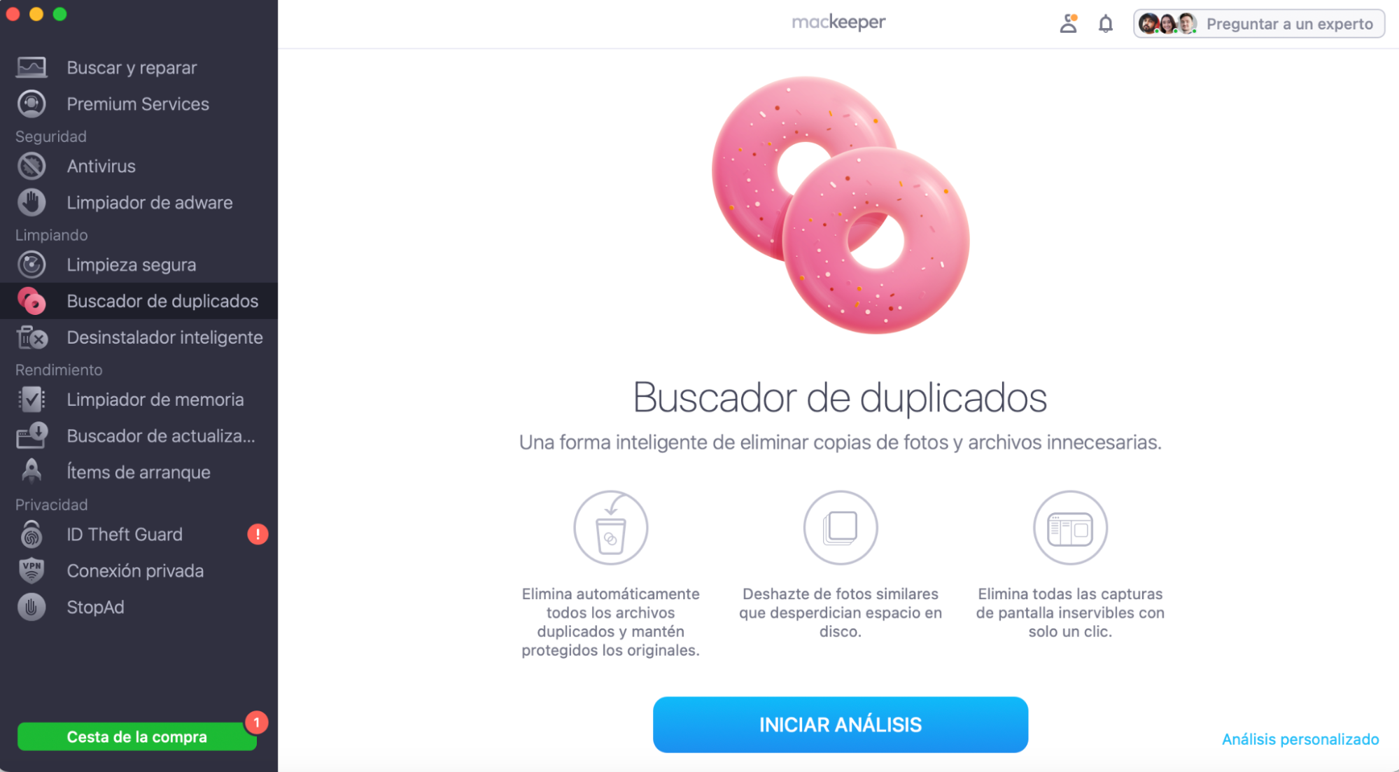 Para eliminar fotos duplicadas y reducir el tiempo de descarga, ejecuta MacKeeper y selecciona Buscador de duplicados en la barra lateral. Haz clic en Iniciar análisis.