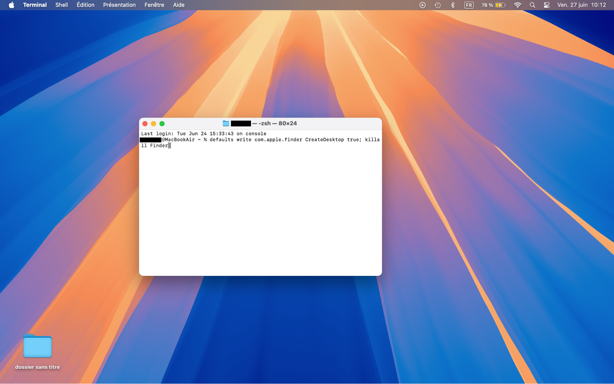 Pour retrouver vos icônes de bureau Mac, copiez-collez la commande defaults write com.apple.finder CreateDesktop true; killall Finder dans la fenêtre Terminal et pressez la touche Entrée. Votre mot de passe d’administrateur vous sera peut-être demandé.