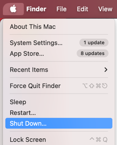 To enter macOS Recovery Mode on your Mac and fix the Couldn’t open device 69877 error, go to the Apple icon in the menu bar, then select Shut Down.