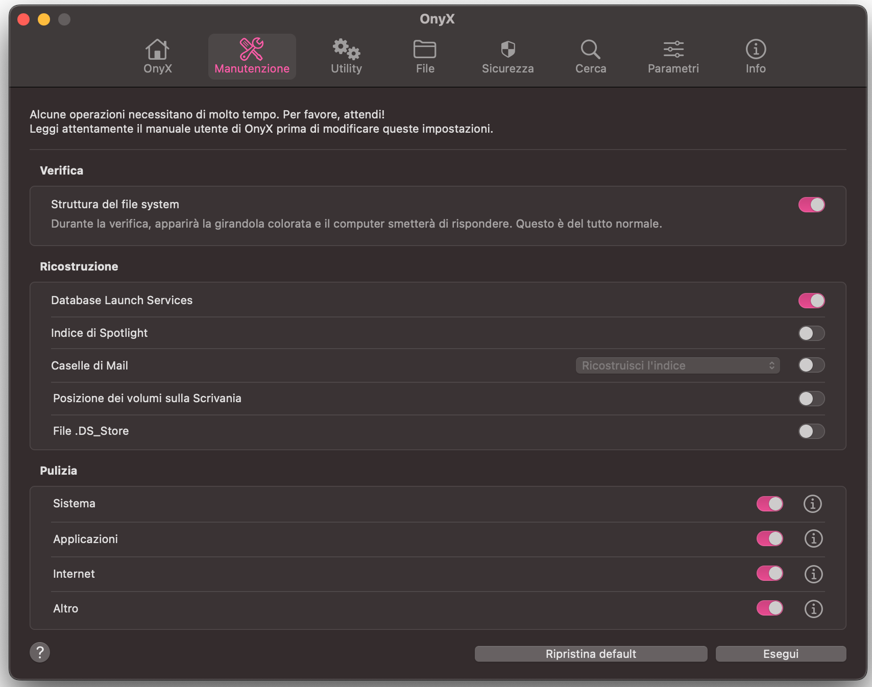 La finestra delle impostazioni di manutenzione di Onyx mostra il numero di opzioni che puoi gestire per rendere il tuo Mac più pulito.