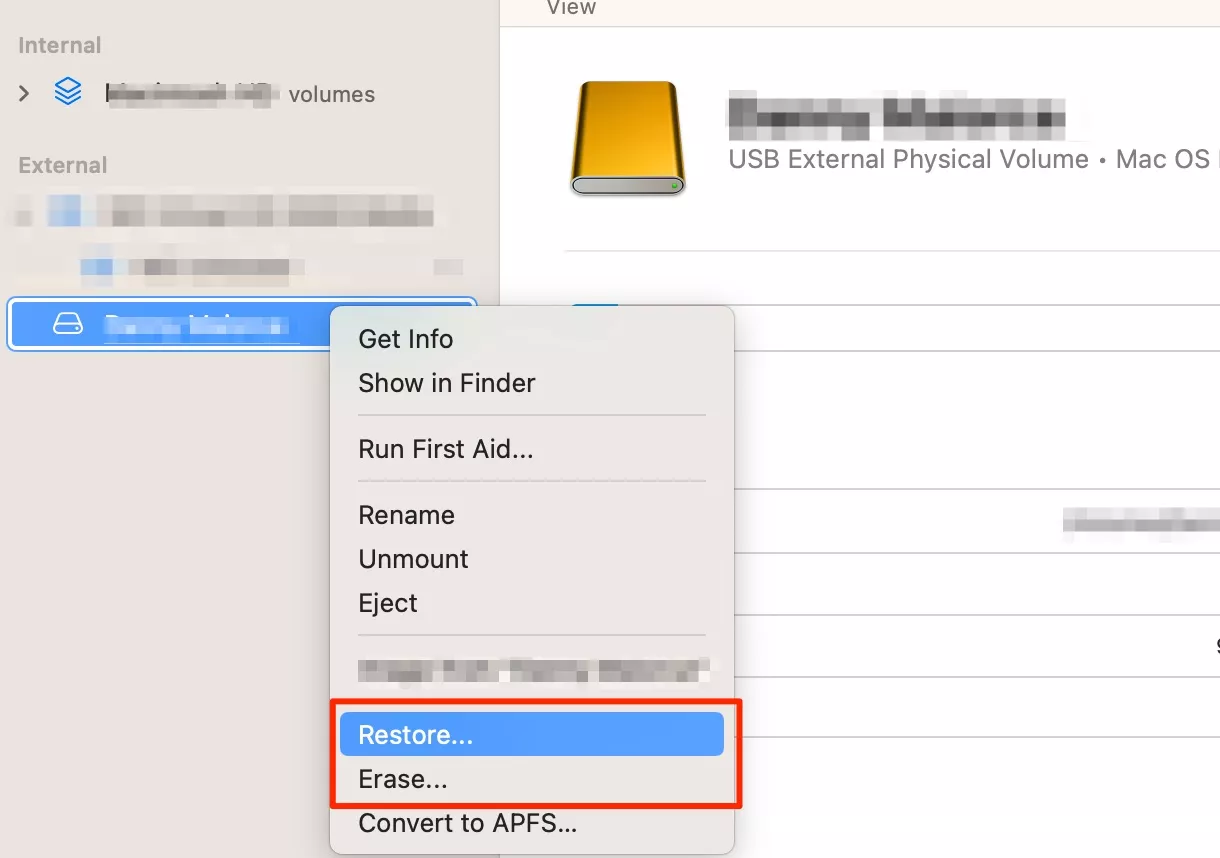 Disk Utility is opened on a Mac. Right-click on the volume and select Restore to restore a deleted startup disk via Mac’s Time Machine backup.
