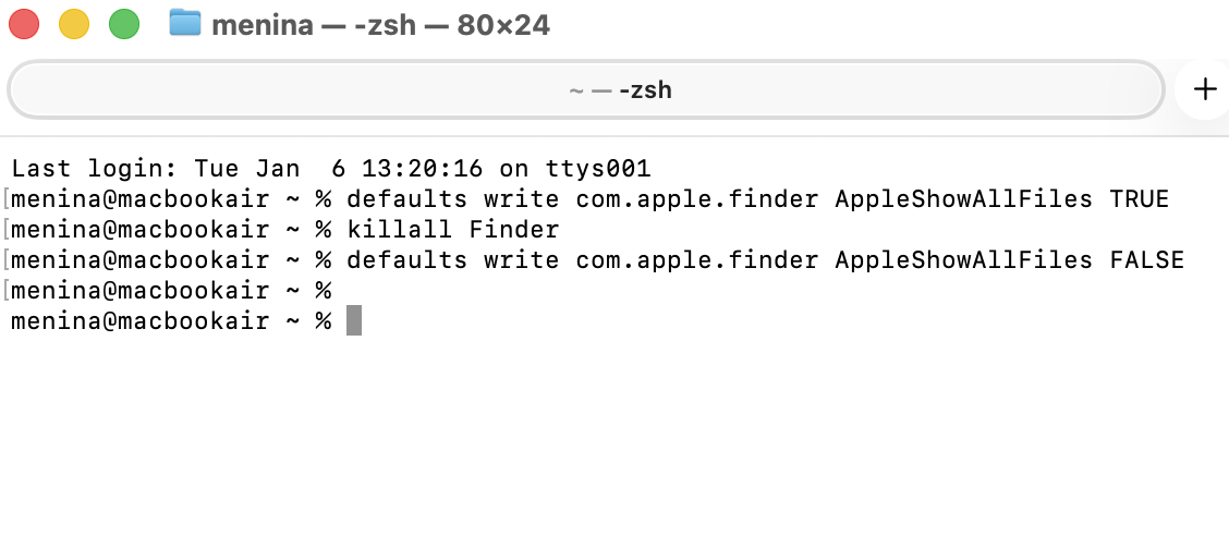 Om in Terminal op je Mac terug te keren naar de normale weergavemodus, pas je de eerste opdracht iets aan door TRUE te vervangen door FALSE.