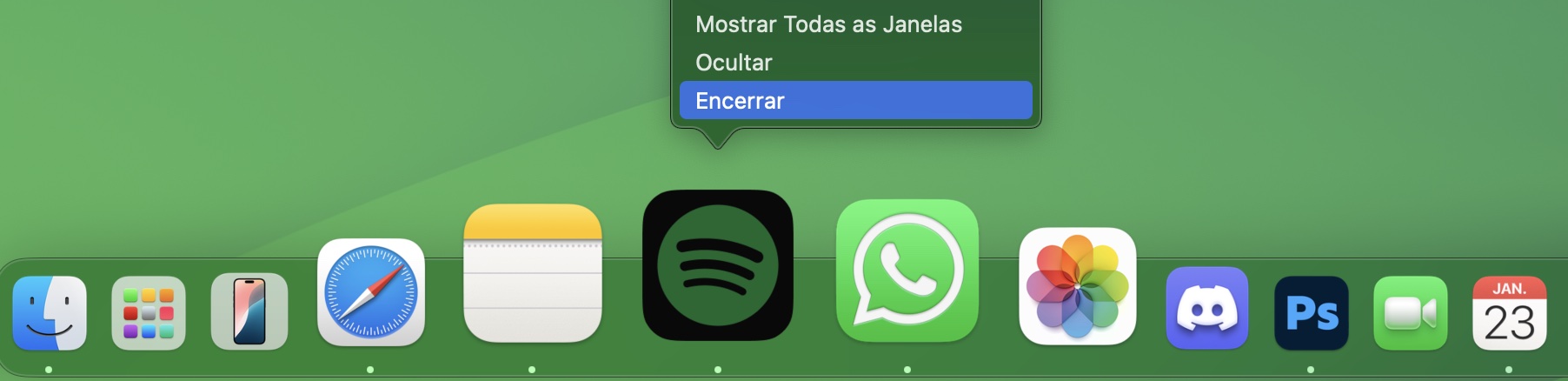 Para encerrar aplicativos e melhorar sua conexão com a Internet, clique com o botão direito no aplicativo e selecione a opção Encerrar. Se o aplicativo estiver aberto, você também pode usar o atalho Command + Q para fechar e encerrar o aplicativo instantaneamente.