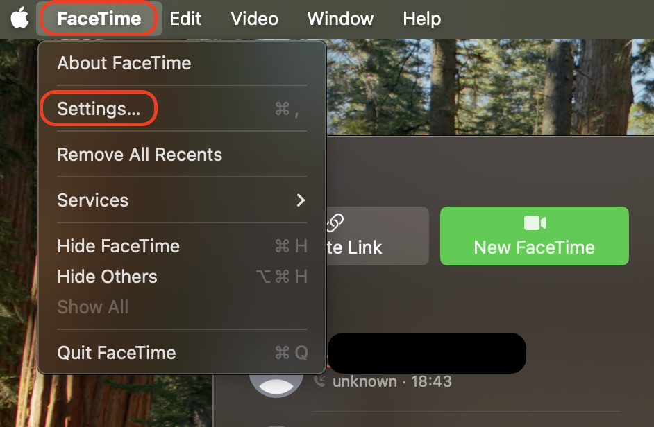 Open the FaceTime app and navigate to Settings via the menu bar to access the camera configuration and Live Photos options.