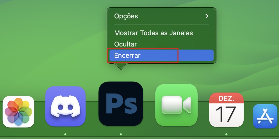 O menu do Dock no Mac mostra todas as opções. Clique em Encerrar para fechar um aplicativo ativo.
