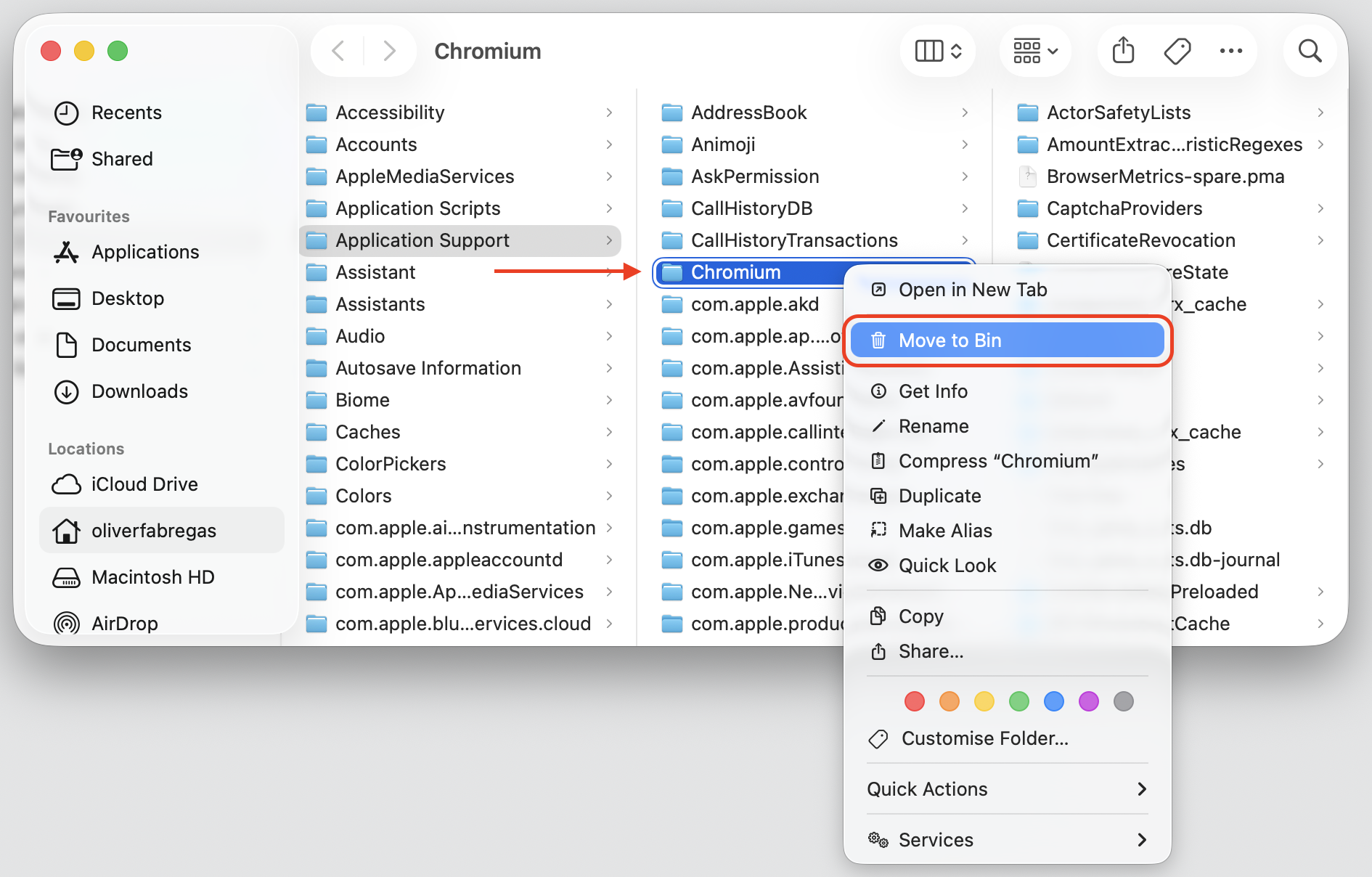Control-clicking the Chromium folder in Finder on an Apple device and choosing Move to Bin from the context menu to delete leftovers.