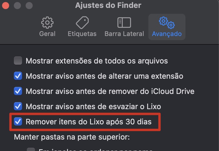 Recurso de esvaziamento automático do Lixo com a opção destacada chamada Remover itens da Lixo após 30 dias.