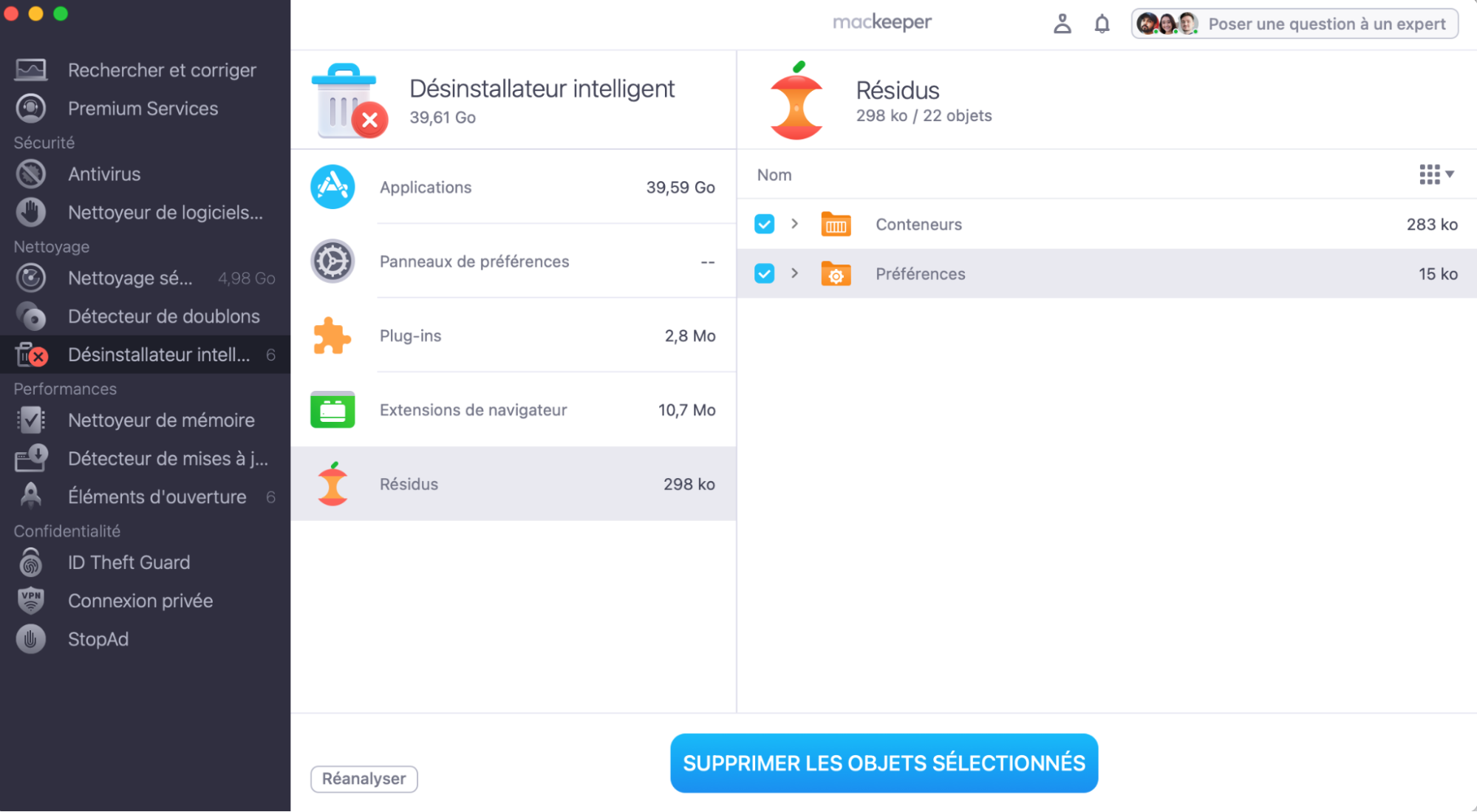 Pour supprimer les fichiers inutiles de votre Mac et permettre aux applications de fonctionner harmonieusement, ouvrez l’application MacKeeper, lancez Désinstallateur intelligent dans la barre latérale gauche, choisissez l’option Lancer l’analyse, cliquez sur Résidus et supprimez les fichiers sélectionnés.
