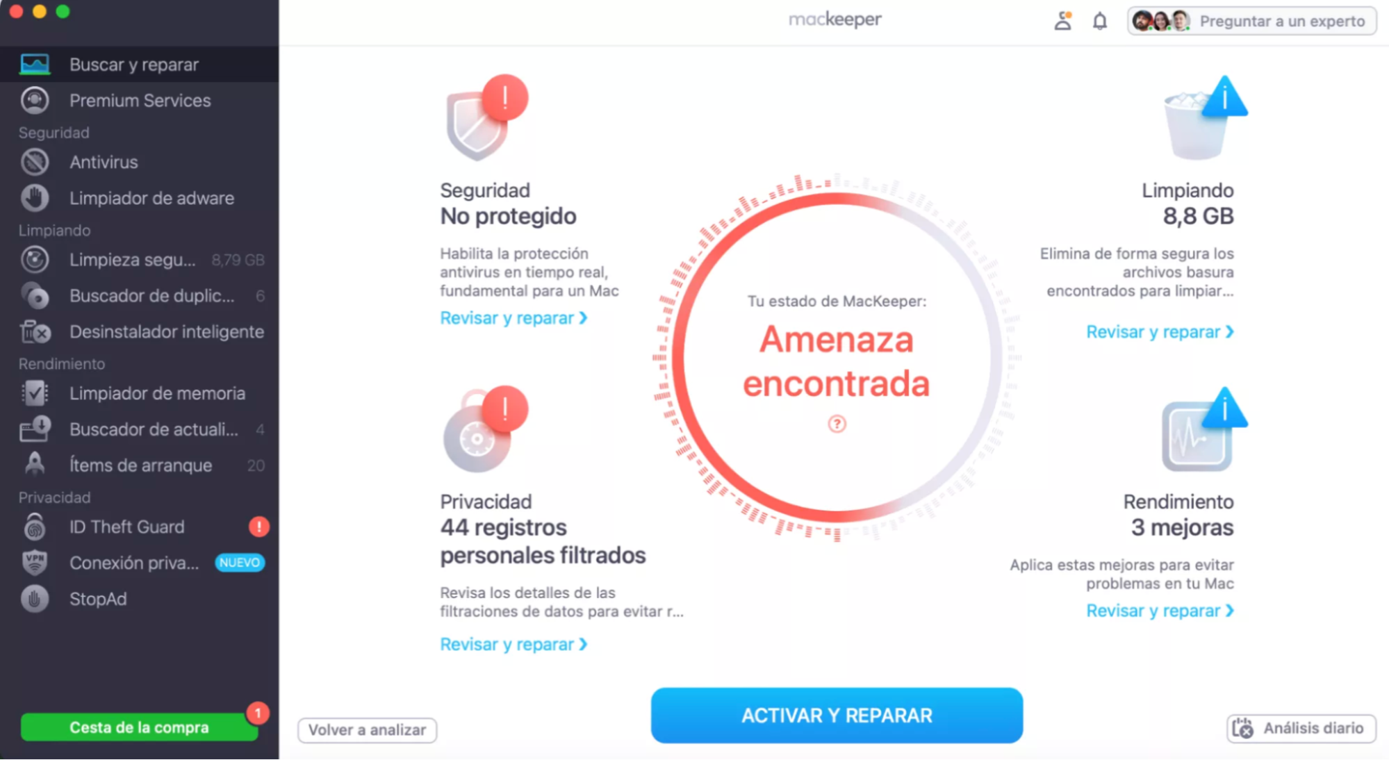 Puedes ver los resultados del análisis. Puede corregir cada problema uno por uno o hacer clic en «Activar y Reparar».