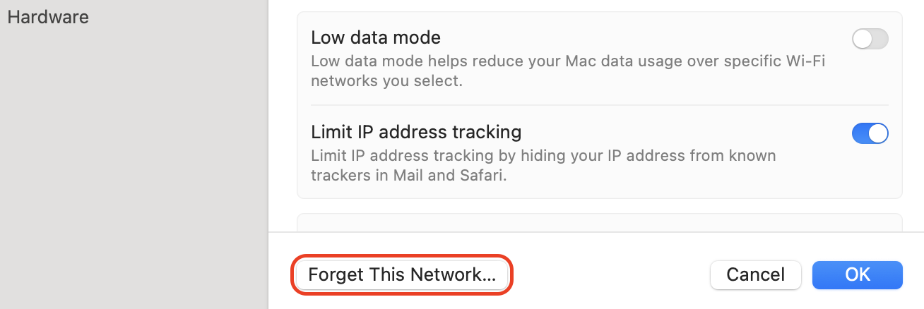 Click Forget This Network in the Wi-Fi details window and confirm your choice to remove the saved network from your Mac settings.