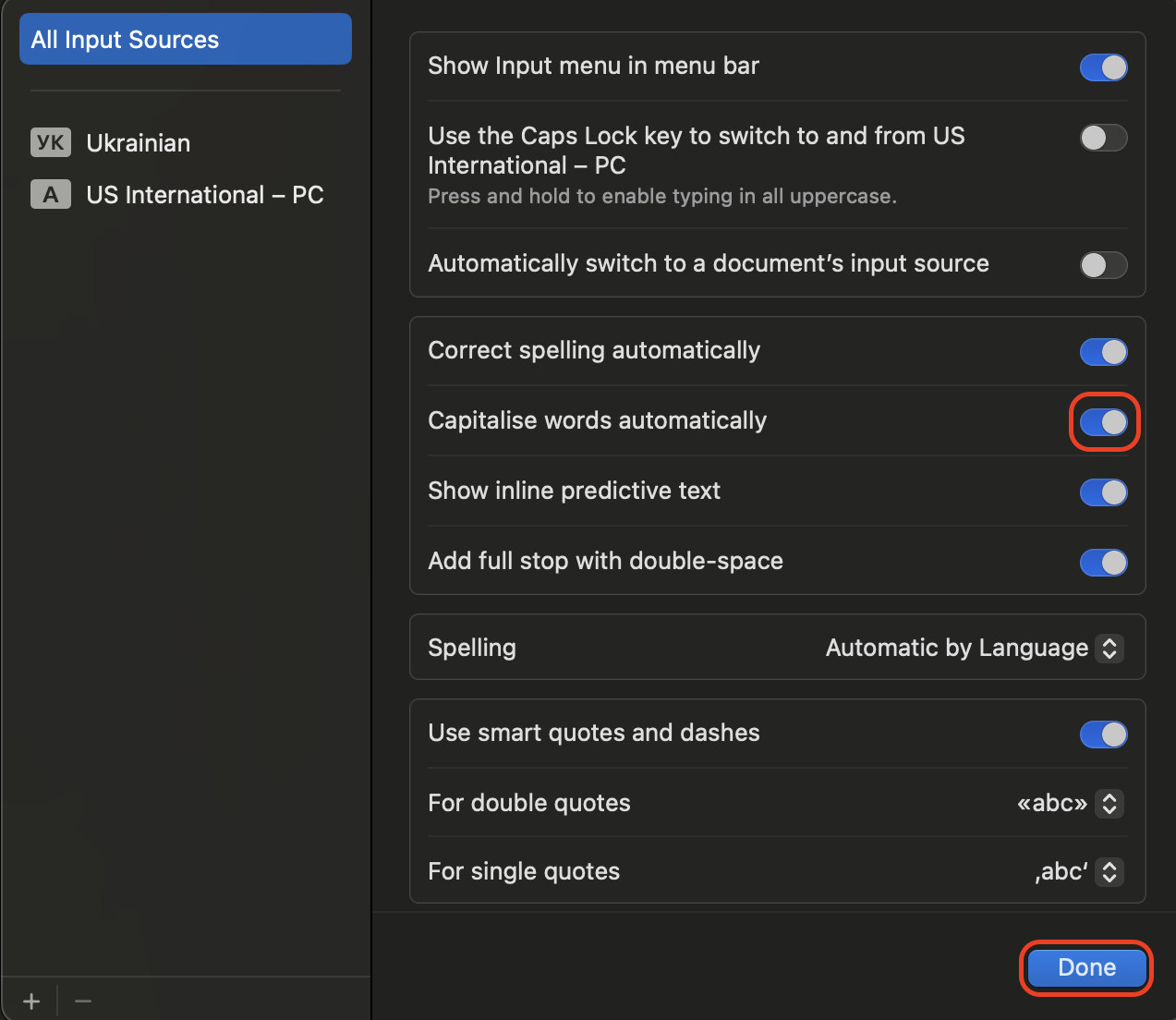 Turn off the Capitalize words automatically option in the Text Input settings, then click Done to save changes and disable automatic capitalization on your Mac.
