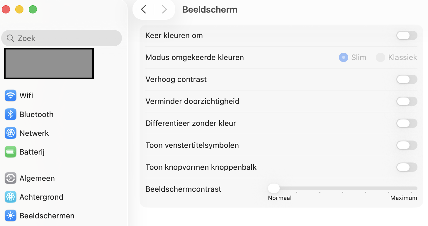 We raden aan om opties zoals ‘Verminder doorzichtigheid’ en ‘Verhoog contrast’ aan te vinken. Dit helpt je Mac minder grafisch belast te worden en kan de prestaties verbeteren.