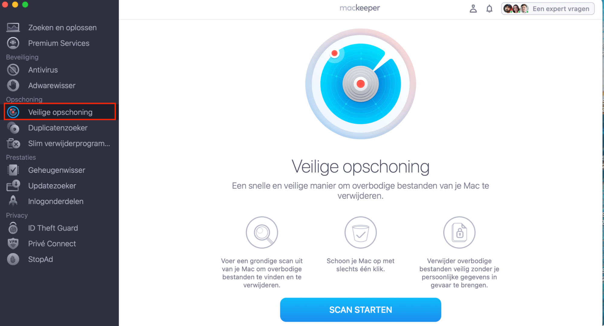 Krijg meer opslagruimte op je Mac door naar MacKeeper te gaan en de tool Veilige opschoning te selecteren. Daarna kun je overbodige bestanden verwijderen.