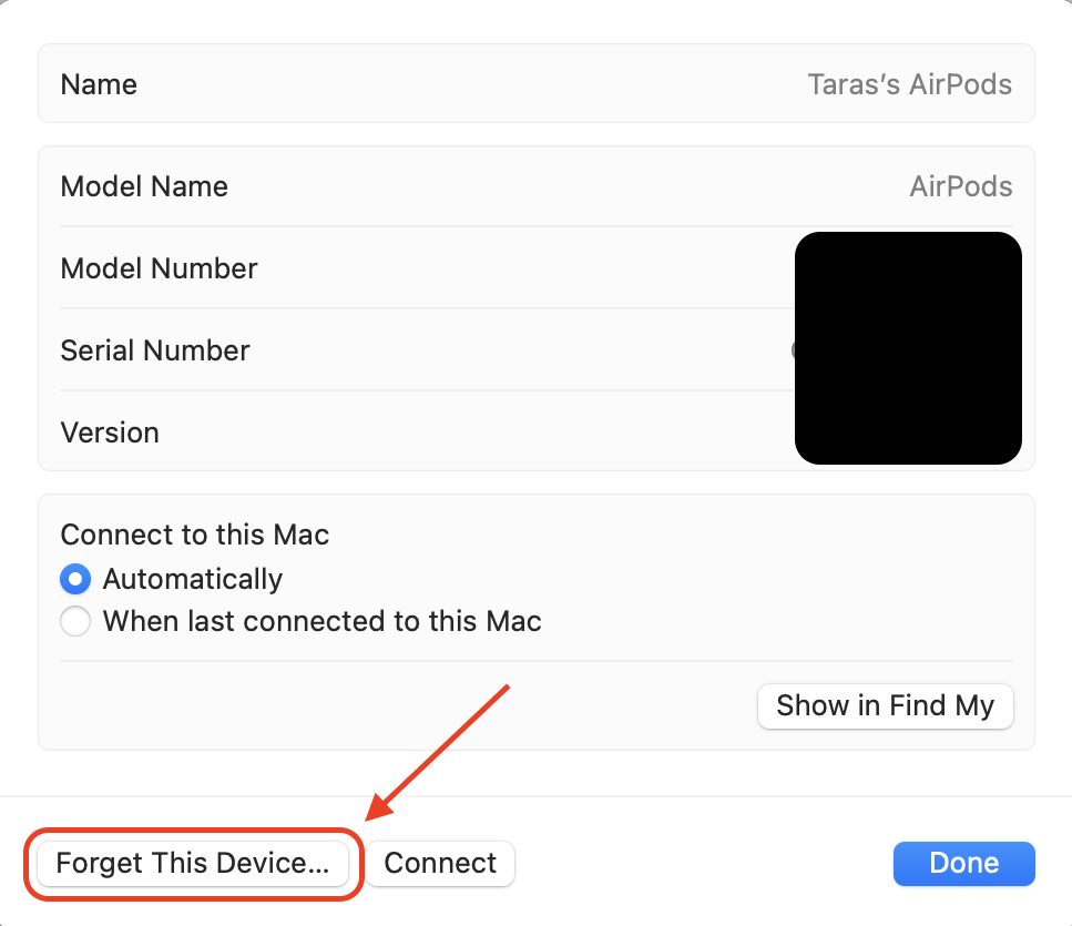 Select Forget This Device and confirm to remove the accessory from your Mac's Bluetooth list, allowing you to re-pair it with a fresh connection.