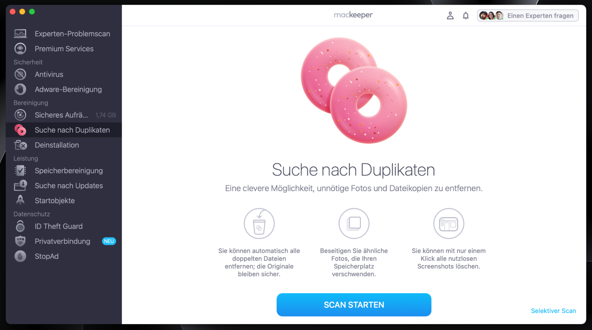 Um Kopien Ihrer Fotos zu entfernen, verwenden Sie die Suche nach Duplikaten von MacKeeper. Starten Sie MacKeeper, suchen Sie nach Suche nach Duplikaten und klicken Sie auf Scan starten.