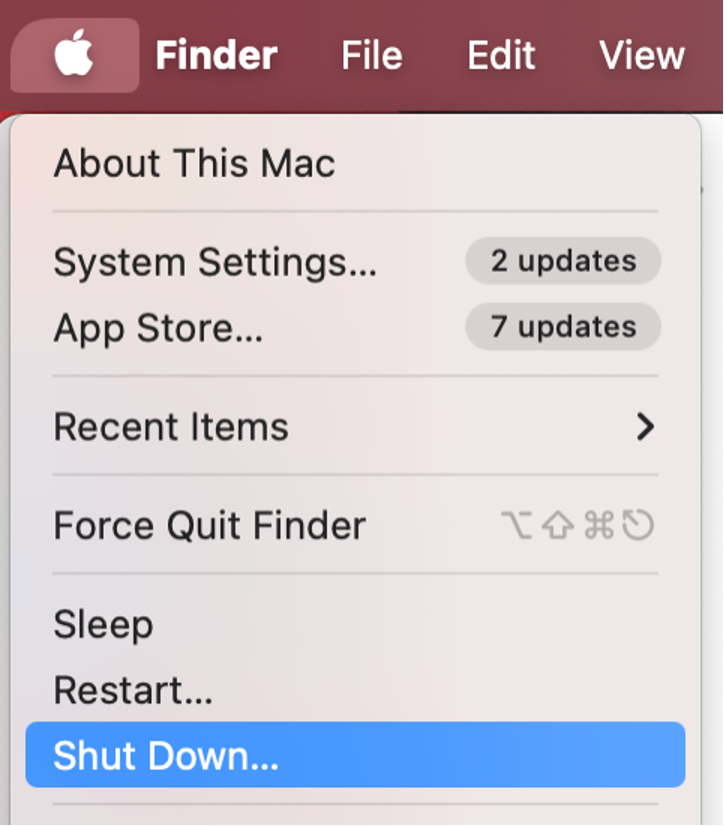 To reset your SMC settings to fix the Bluetooth issues on macOS Sequoia, click the Apple icon in the menu bar and select Shut Down.